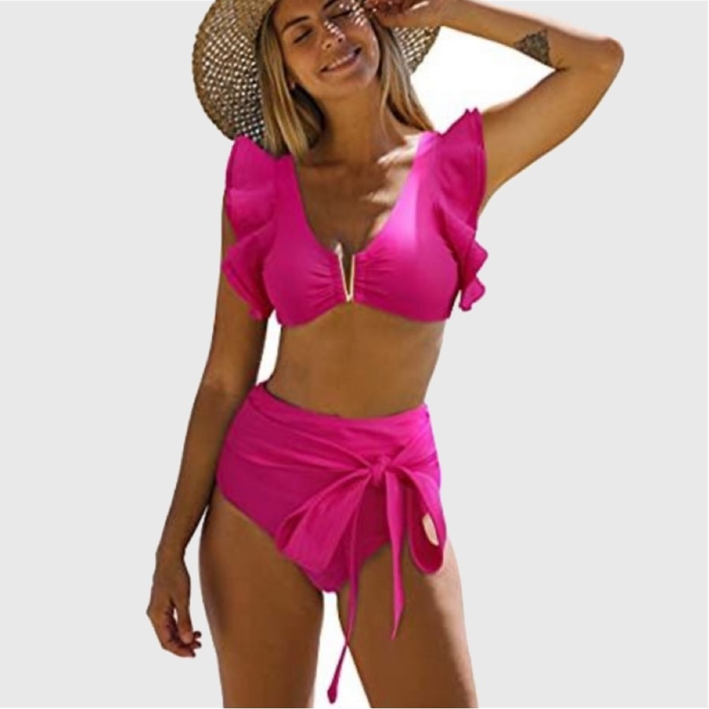 Fuchsia Pink Ruffle High Waist Bikini Swimsuit